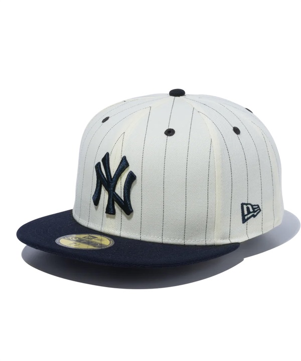 NEW ERA/ニューエラ 59FIFTY Pinstripe ピンストライプ ニューヨーク・ヤンキース クロームホワイト ネイビーバイザー キャップ 帽子 13751130