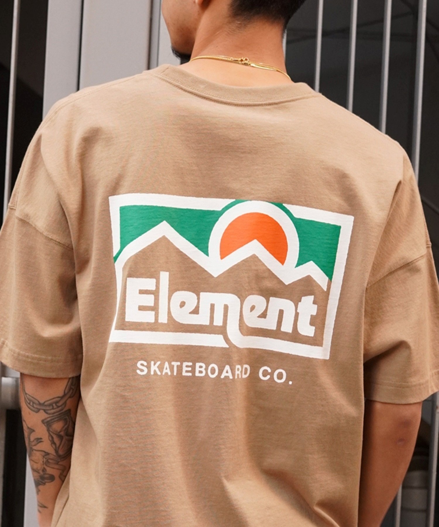 ELEMENT エレメント メンズ 半袖 Tシャツ オーバーサイズ バックプリント クルーネック BE021-223(BEG-M)