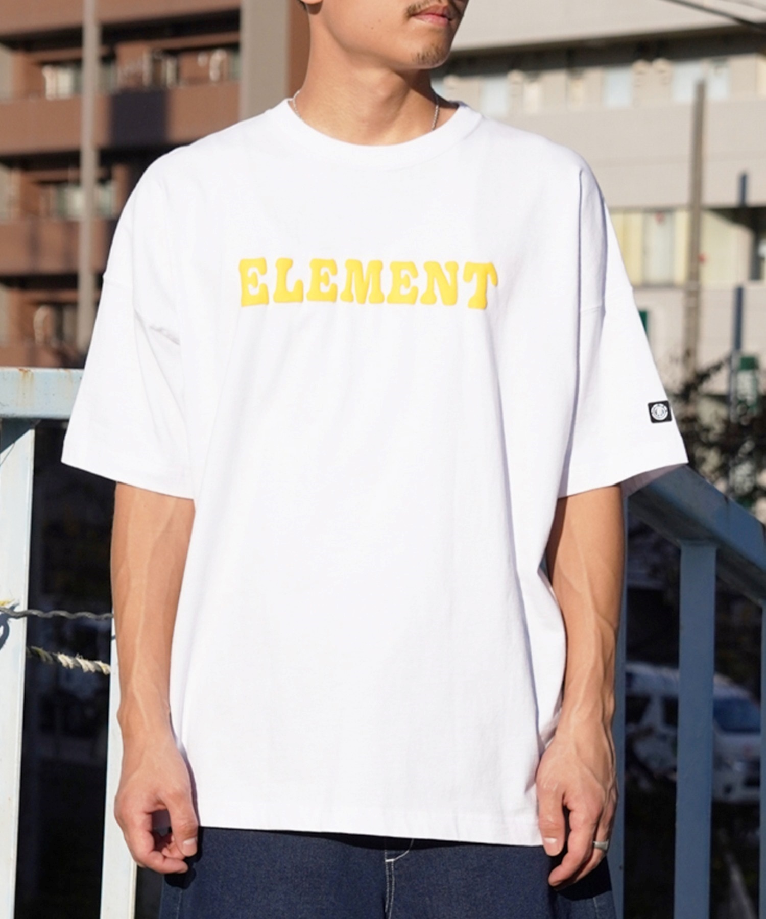 ELEMENT エレメント メンズ 半袖 Tシャツ バックプリント オーバーサイズ クルーネック アーチロゴ フラワーモチーフ BE021-240(GRN-M)