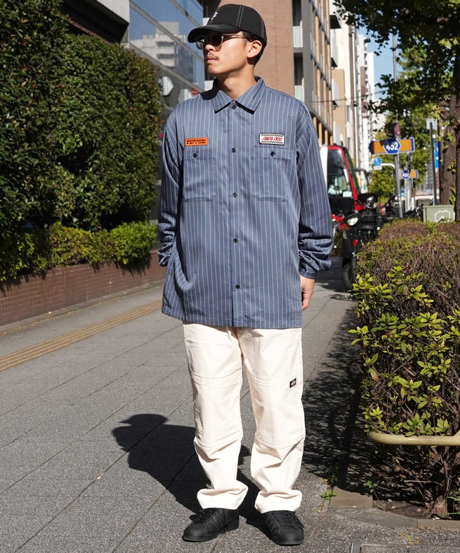 【ムラサキスポーツ限定】 SANTACRUZ サンタクルーズ ワークシャツ ストライプ柄 502241202 メンズ 長袖 シャツ(L/BIG-M)