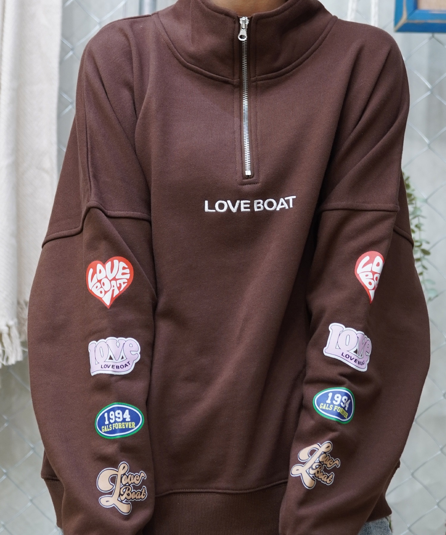 【ムラサキスポーツ限定】LOVE BOAT ラブボート レディース ハーフジップ トレーナー オーバーサイズ 袖ロゴ 裏毛 LB-HZS01(BL-FREE)