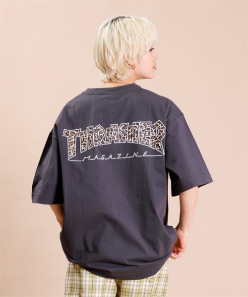 THRASHER スラッシャー THML-003 LEOPRD レディース 半袖 Tシャツ バックプリント KK1 D24(BKYE-M)