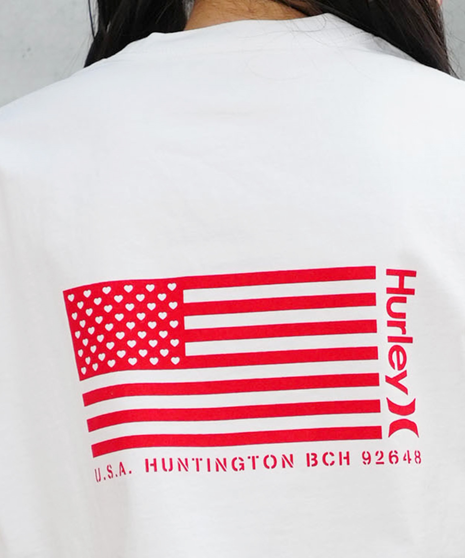 【マトメガイ対象】Hurley ハーレー レディース Tシャツ 半袖 バックプリント 星条旗 ハート ウォッシュ加工 ピグメント加工 WSS2421024(CGY-FREE)