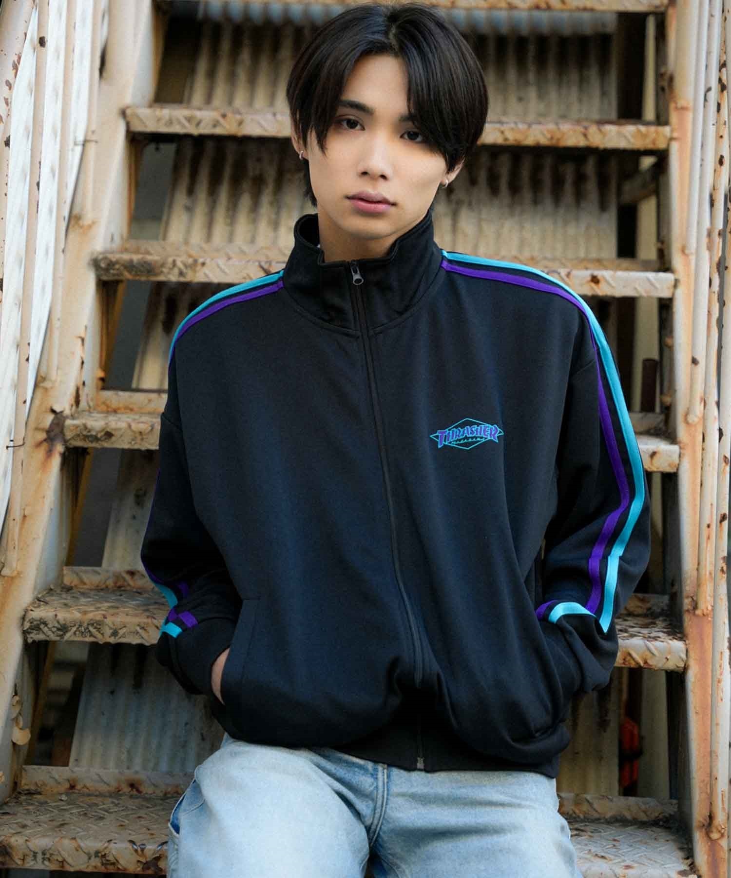 【ムラサキスポーツ別注】THRASHER スラッシャー メンズ トラックジャケット ビッグシルエット スポーツミックス THM-24SPJKT01(BLK-M)