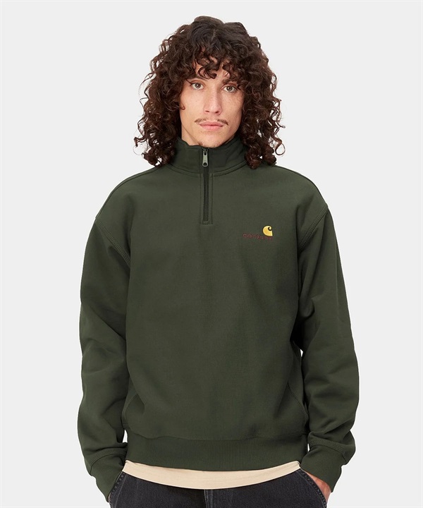 Carhartt/カーハート HALF ZIP AMERICAN SCRIPT アメリカンスクリプト メンズ ハーフジップ スウェット トレーナー 裏起毛 モスグリーン I027014
