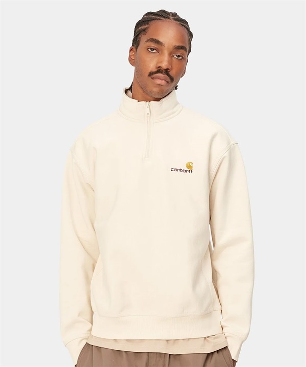 Carhartt/カーハート HALF ZIP AMERICAN SCRIPT アメリカンスクリプト メンズ ハーフジップ スウェット トレーナー 裏起毛 アイボリー I027014