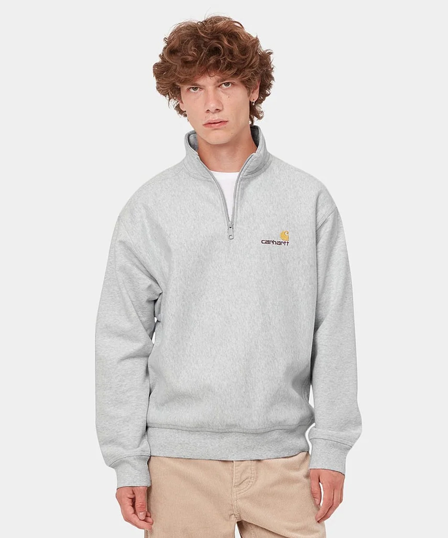 Carhartt/カーハート HALF ZIP AMERICAN SCRIPT  メンズ ハーフジップ トレーナー 裏起毛 アッシュヘザー グレー I027014(ASH.H-S)