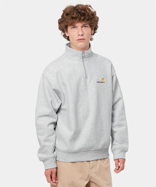 Carhartt/カーハート HALF ZIP AMERICAN SCRIPT アメリカンスクリプト メンズ ハーフジップ スウェット トレーナー 裏起毛 アッシュヘザー グレー I027014