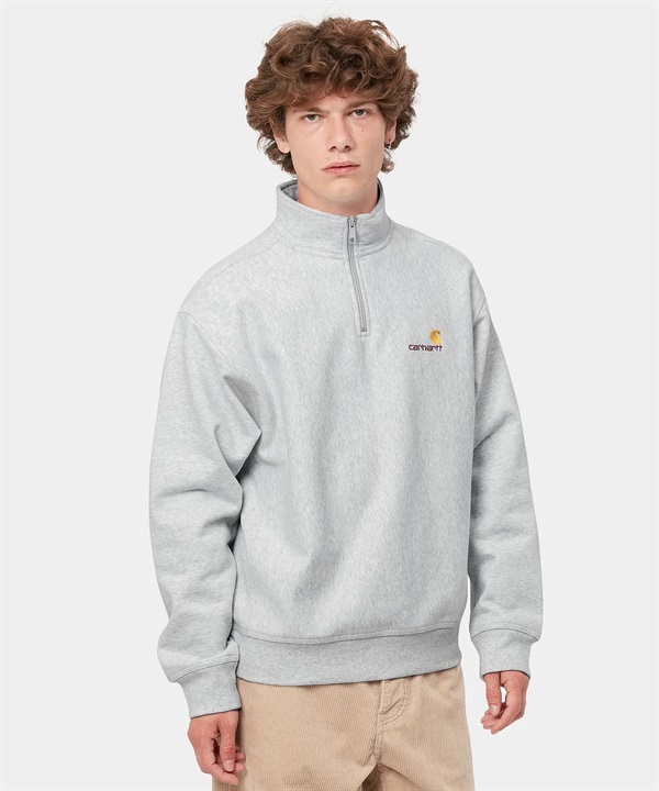 Carhartt/カーハート HALF ZIP AMERICAN SCRIPT  メンズ ハーフジップ トレーナー 裏起毛 アッシュヘザー グレー I027014