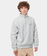 Carhartt/カーハート HALF ZIP AMERICAN SCRIPT  メンズ ハーフジップ トレーナー 裏起毛 アッシュヘザー グレー I027014(ASH.H-S)