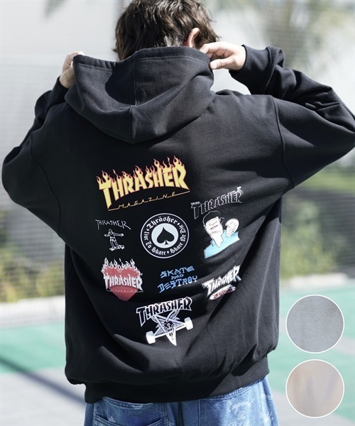 THRASHER/スラッシャー パーカー バックプリント フロントロゴ刺繍 ビックシルエット 23MS-HD1 ムラサキスポーツ別注(BEG-M)