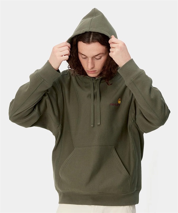 Carhartt/カーハート HOODED AMERICAN SCRIPT SWEATSHIRT アメリカンスプリクト メンズ プルオーバー パーカー スウェット 裏起毛 モスグリーン I028279
