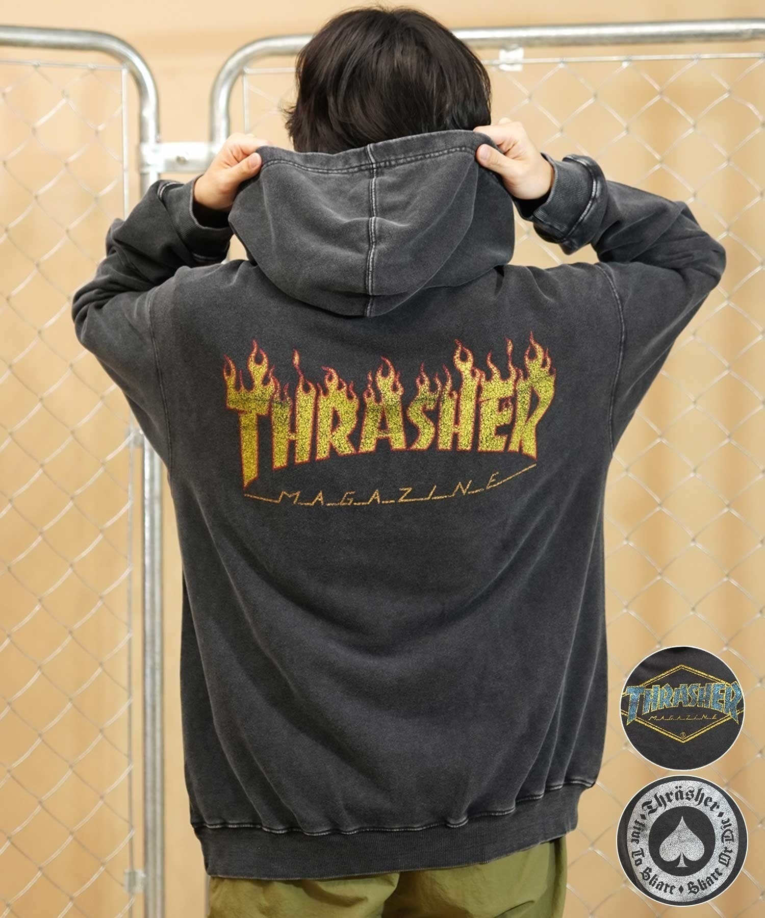 【ムラサキスポーツ別注】THRASHER/スラッシャー パウダーブリーチ加工 プルパーカ カスレプリント  ビッグシルエット 古着風テイスト THM-24ASHD01(BLK-1-M)