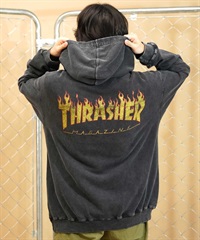 【ムラサキスポーツ別注】THRASHER/スラッシャー パウダーブリーチ加工 プルパーカ カスレプリント  ビッグシルエット 古着風テイスト THM-24ASHD01(BLK-1-M)