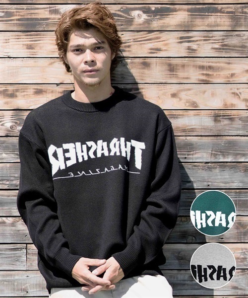 THRASHER/スラッシャー セーター バックワードロゴ ビックシルエット クルーネックニット 23MS-SW1 ムラサキスポーツ別注(BLK-M)