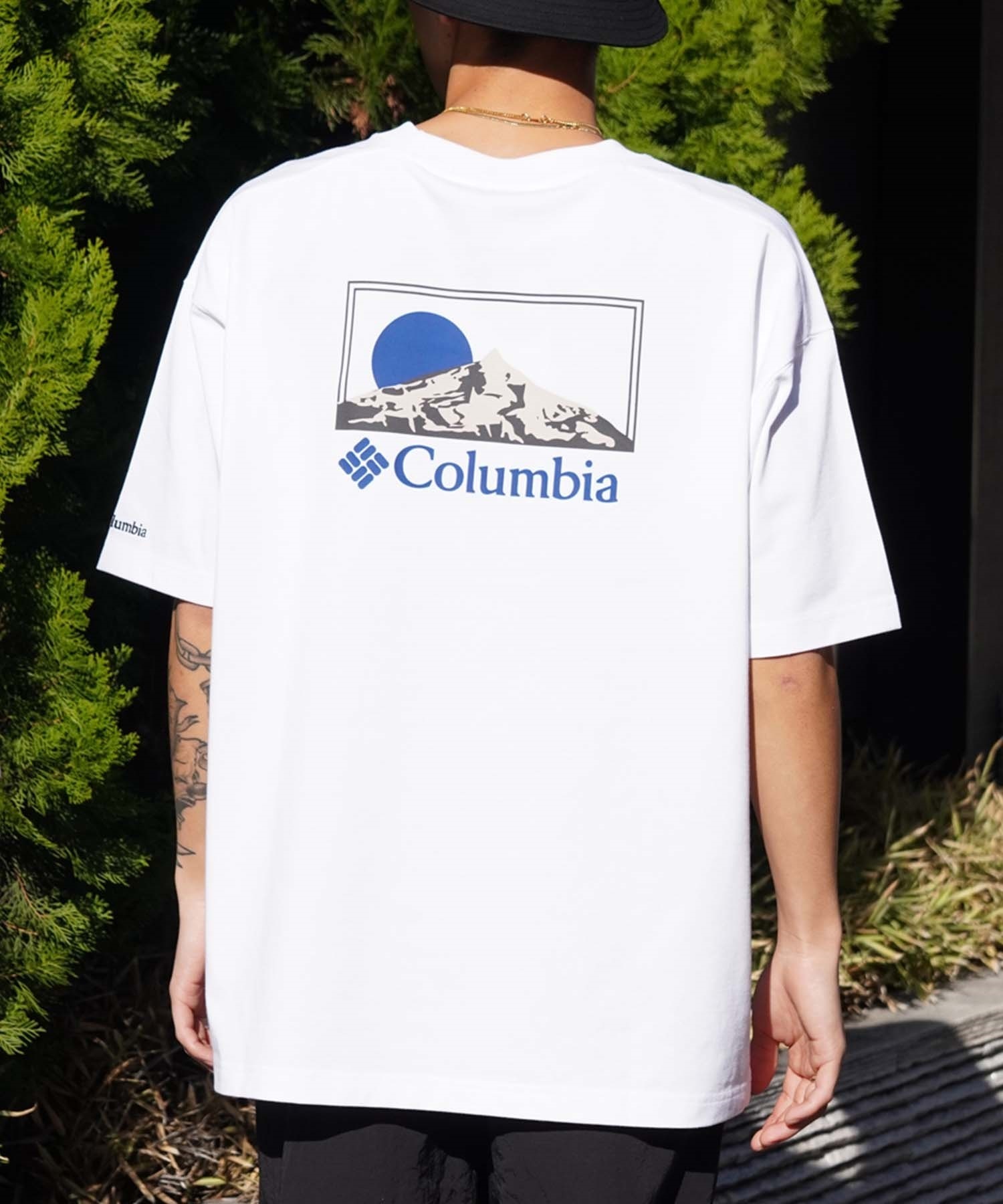 【ムラサキスポーツ限定】columbia コロンビア メンズ オーバーサイズ Tシャツ 半袖 UVケア バックプリント PM0941(101-M)