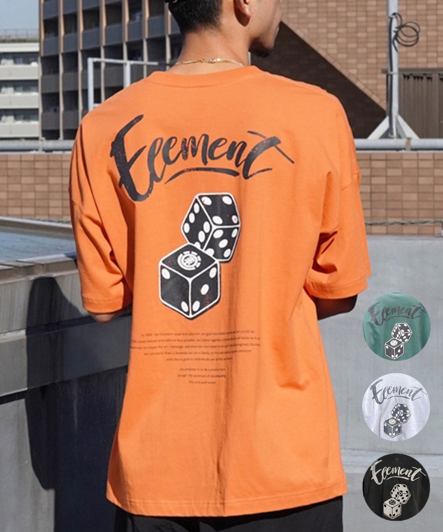 ELEMENT エレメント メンズ 半袖 Tシャツ オーバーサイズ ダイスロゴ バックプリント サイコロモチーフ ヴィンテージ風 かすれプリント BE021-252(GRN-M)