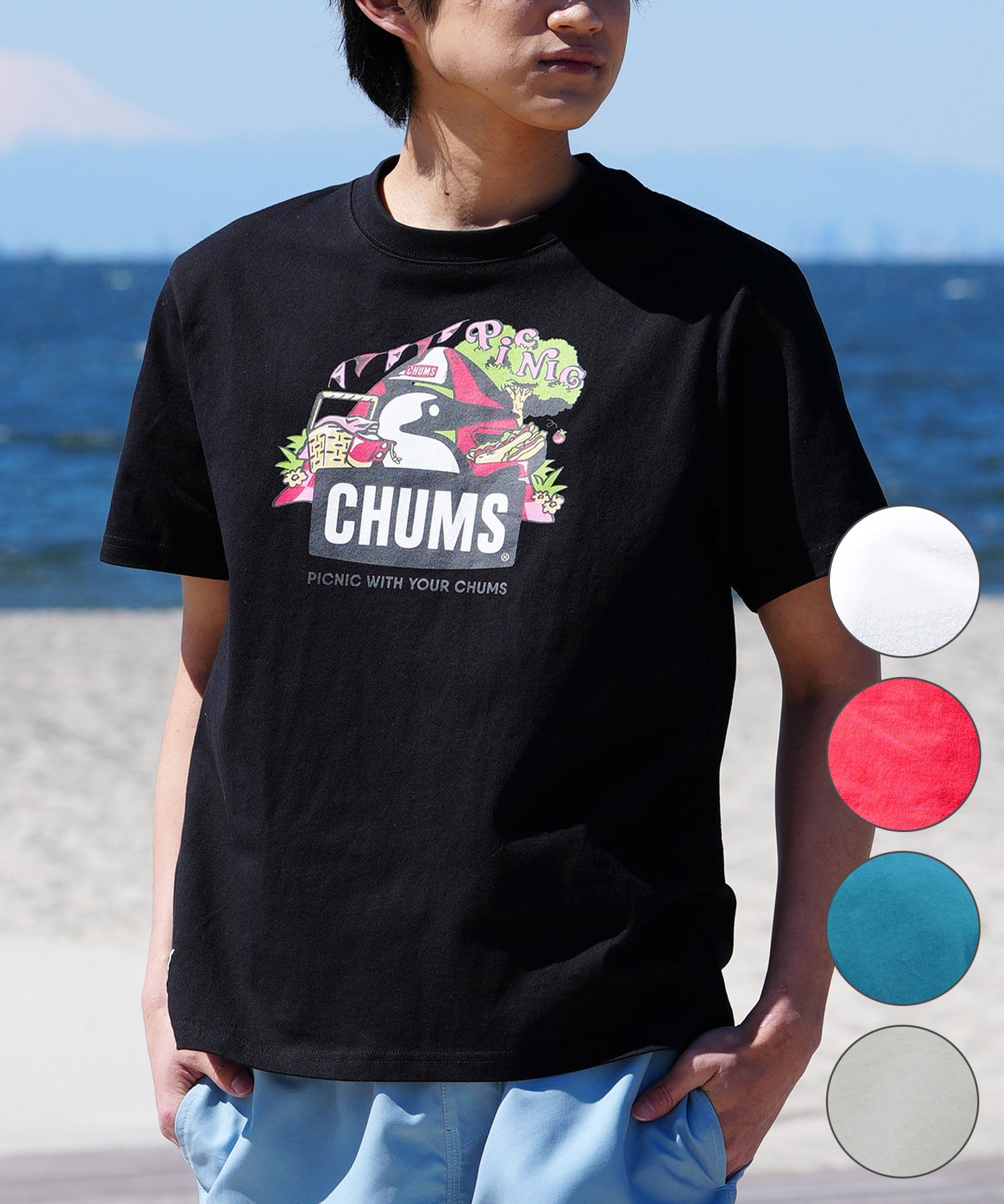 【マトメガイ対象】CHUMS チャムス メンズ Tシャツ 半袖 ブービーバード ピクニックモチーフ フロントプリント クルーネック CH01-2347(R001-M)