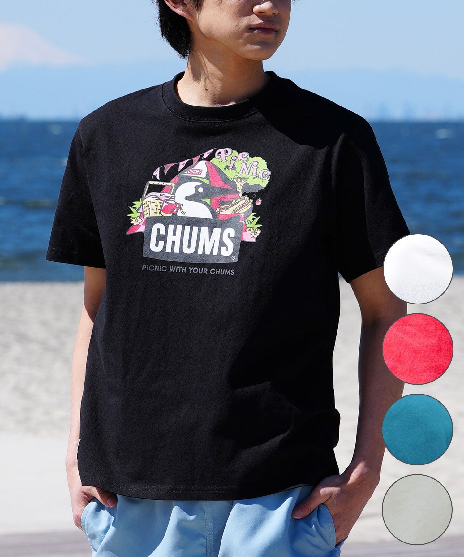 【マトメガイ対象】CHUMS チャムス メンズ Tシャツ 半袖 ブービーバード ピクニックモチーフ フロントプリント クルーネック CH01-2347(T001-M)