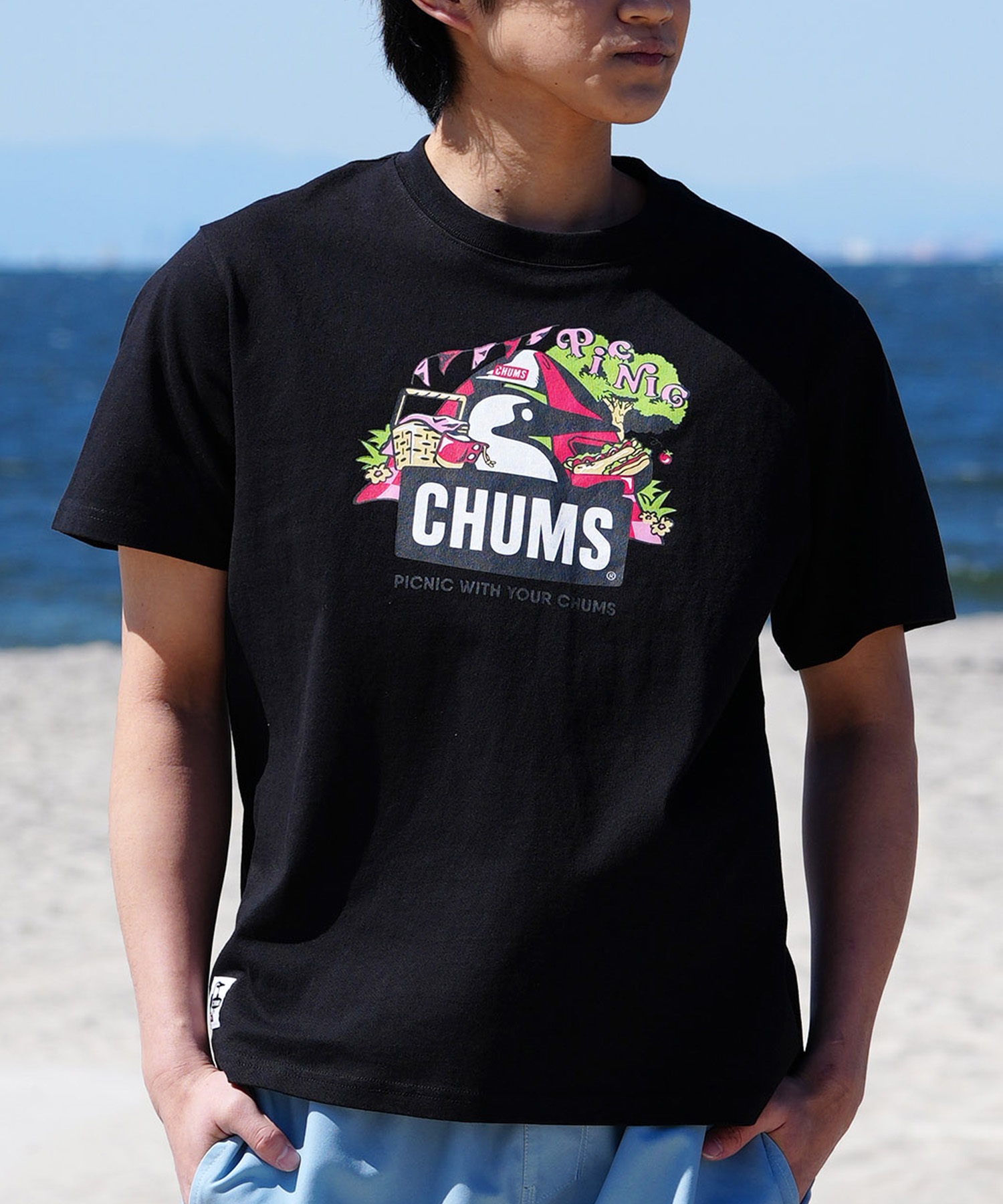 【マトメガイ対象】CHUMS チャムス メンズ Tシャツ 半袖 ブービーバード ピクニックモチーフ フロントプリント クルーネック CH01-2347(K001-M)