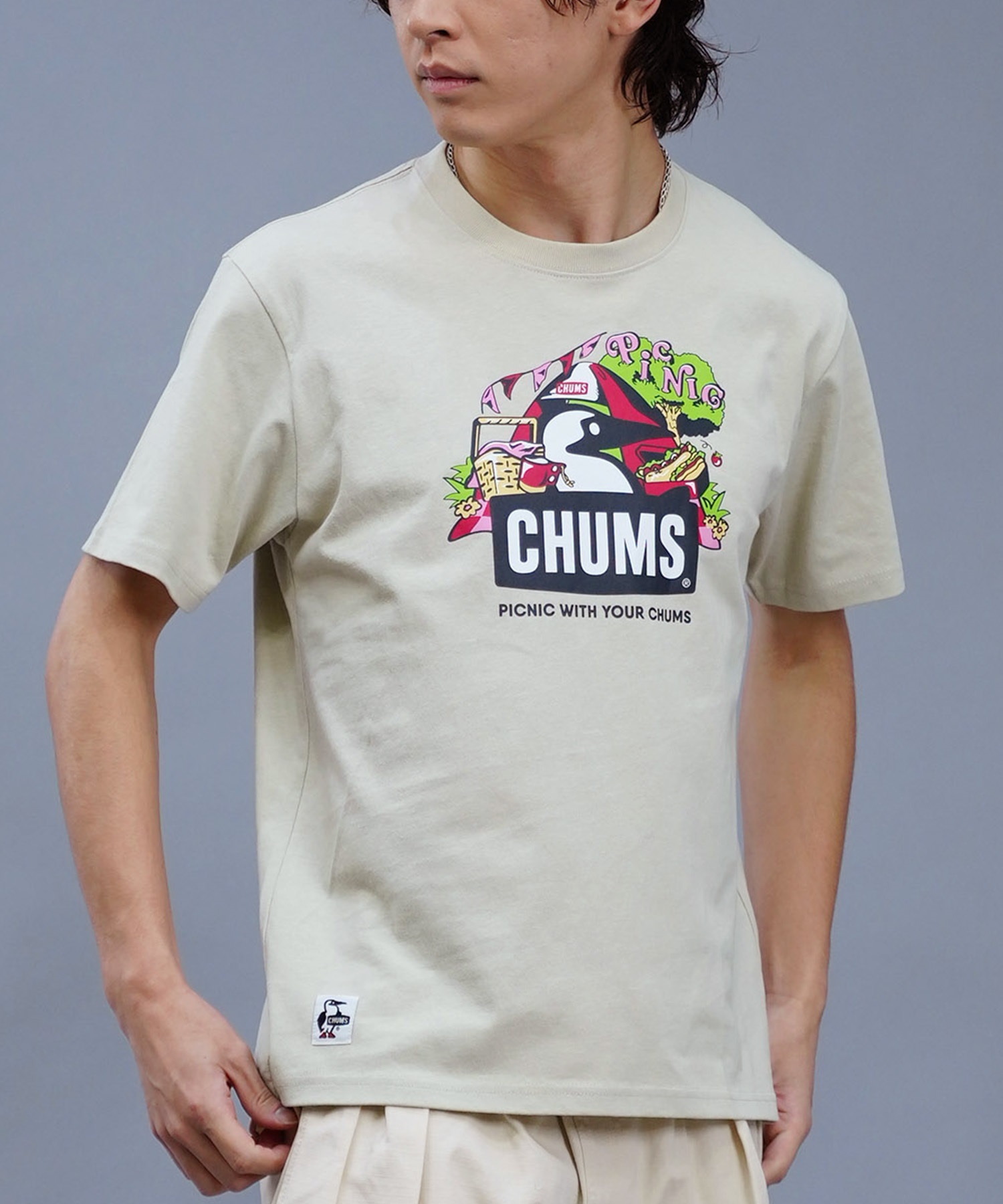 【マトメガイ対象】CHUMS チャムス メンズ Tシャツ 半袖 ブービーバード ピクニックモチーフ フロントプリント クルーネック CH01-2347(G057-M)