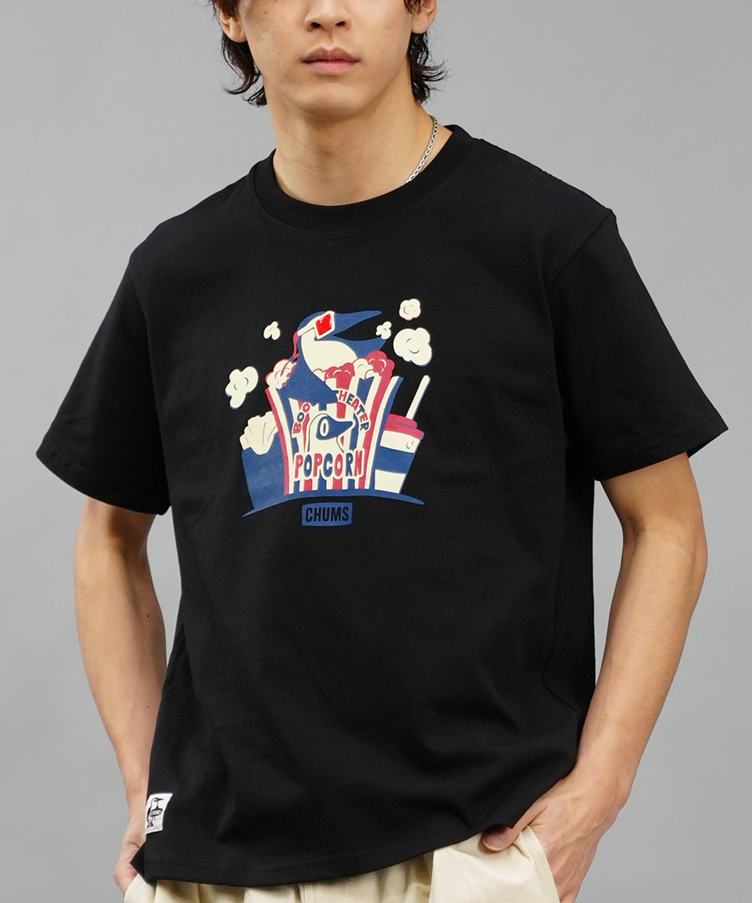 【マトメガイ対象】CHUMS チャムス メンズ Tシャツ 半袖 ブービーバード シアターモチーフ ポップコーン クルーネック CH01-2349(K001-M)