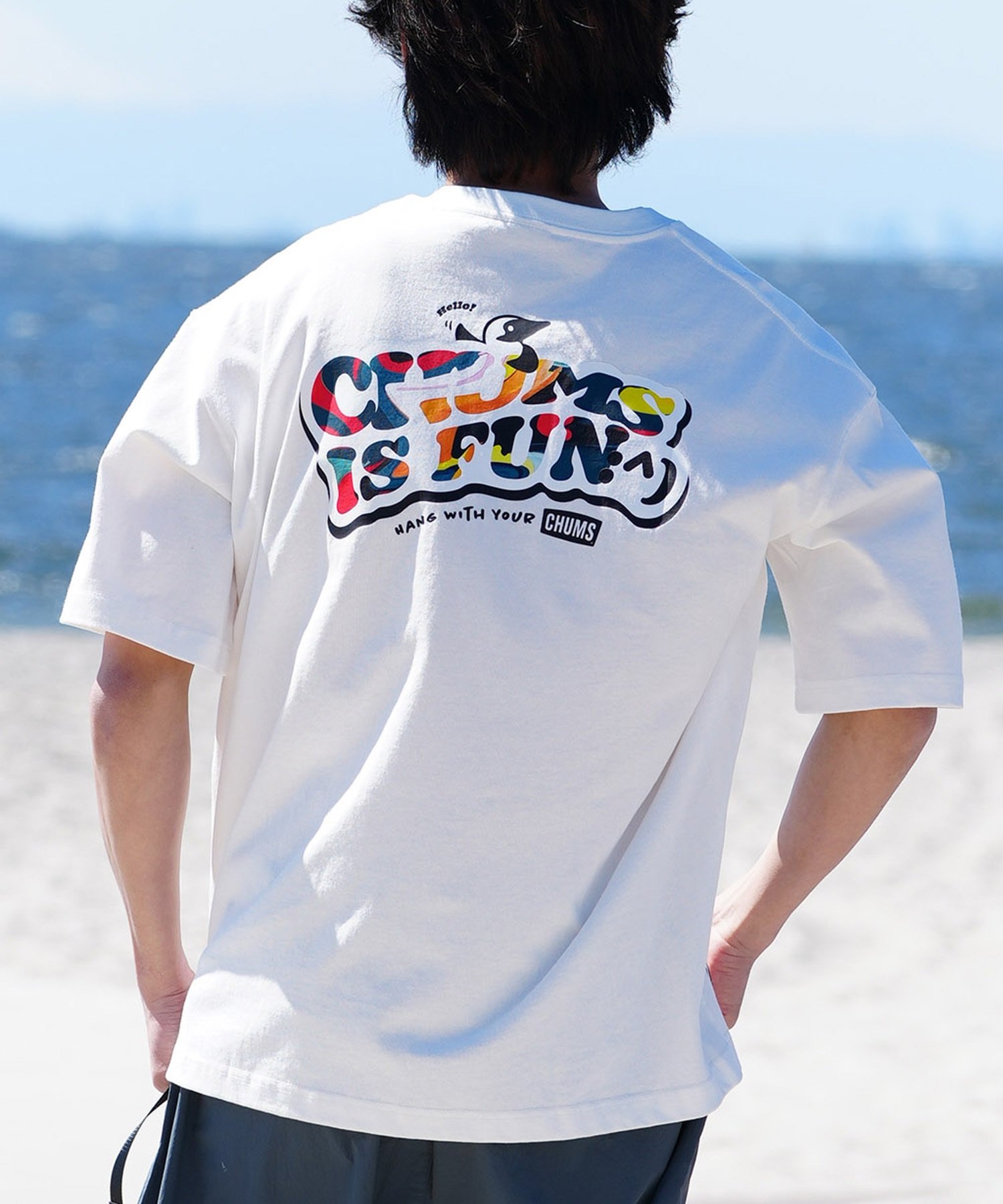 【マトメガイ対象】CHUMS チャムス メンズ Tシャツ 半袖 ロゴ ブービーバード マーブル柄 バックプリント オーバーサイズ CH01-2357(W001-M)