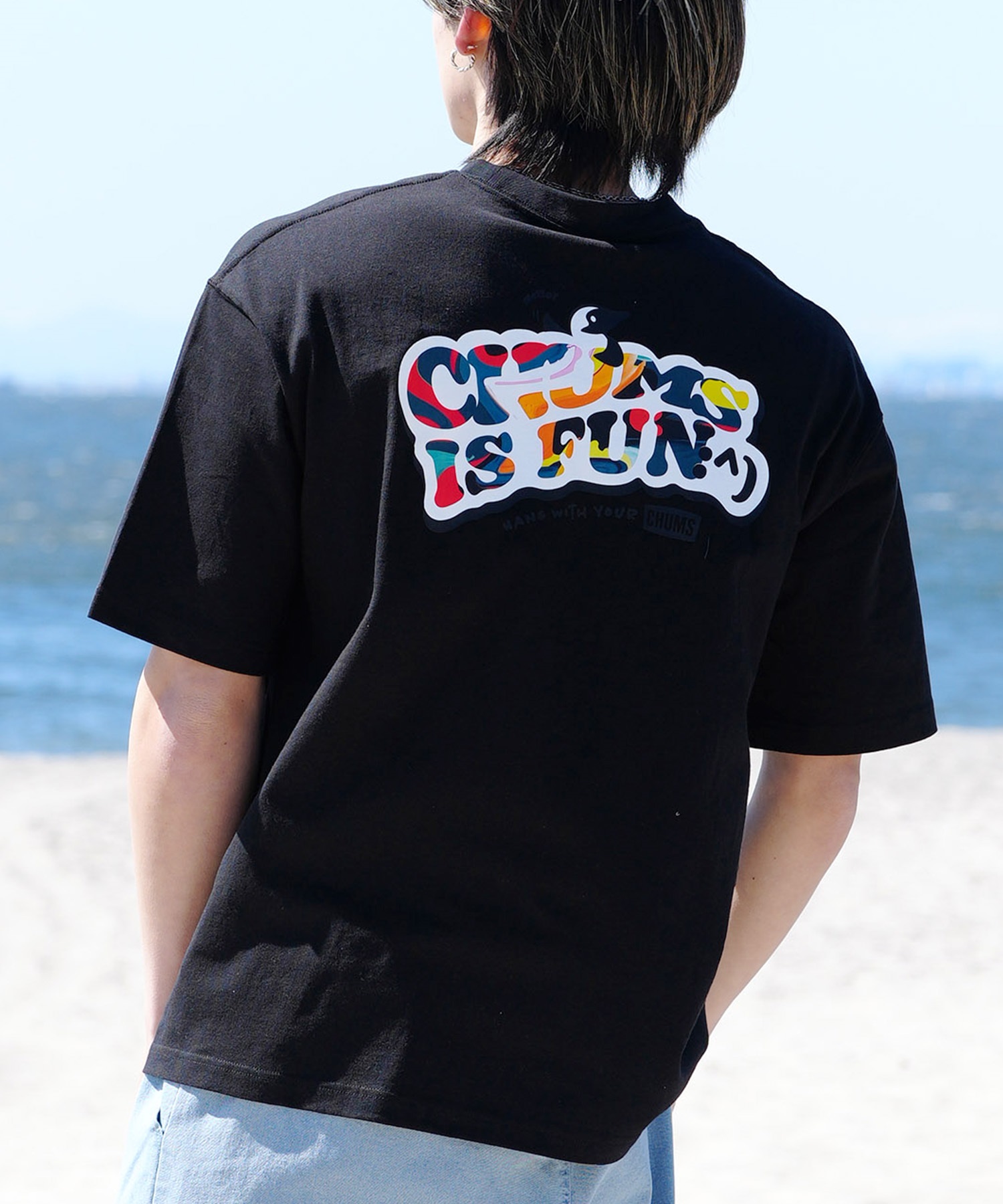 【マトメガイ対象】CHUMS チャムス メンズ Tシャツ 半袖 ロゴ ブービーバード マーブル柄 バックプリント オーバーサイズ CH01-2357(K001-M)