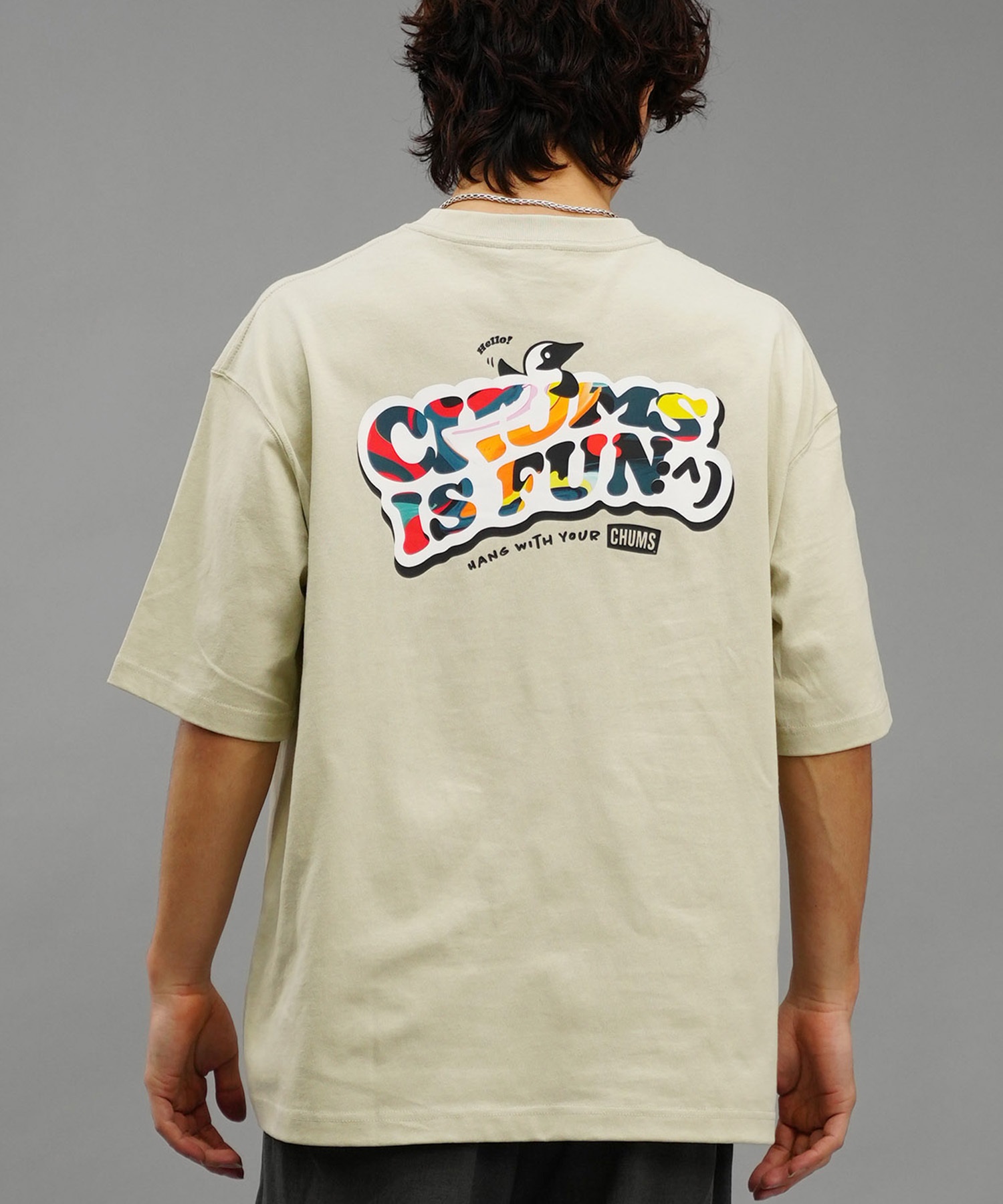 【マトメガイ対象】CHUMS チャムス メンズ Tシャツ 半袖 ロゴ ブービーバード マーブル柄 バックプリント オーバーサイズ CH01-2357(G057-M)