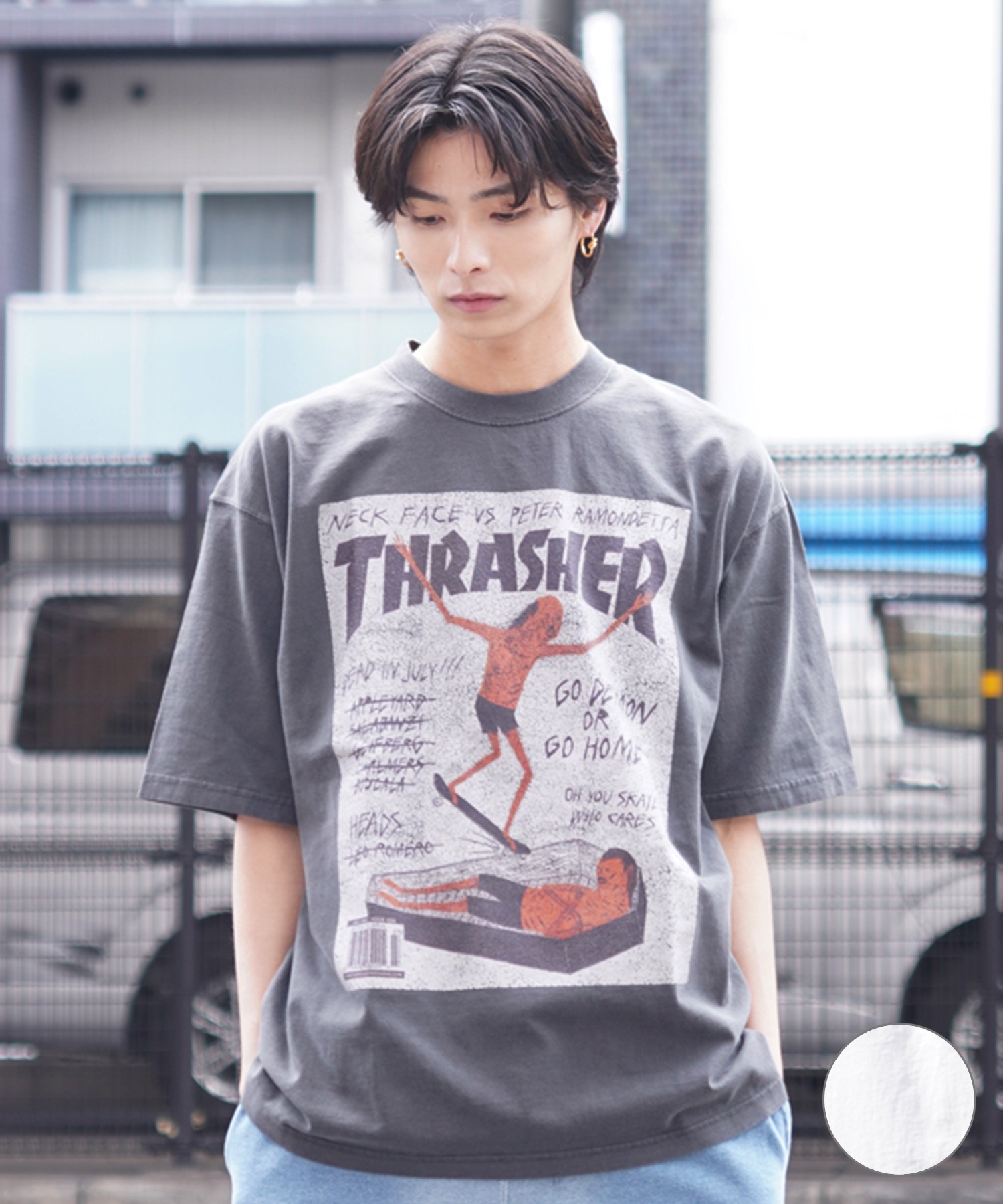 THRASHER スラッシャー メンズ 半袖 Tシャツ ピグメント染 MAGAZINE COVER THM-24SPSST05 ムラサキスポーツ限定(IVO-M)