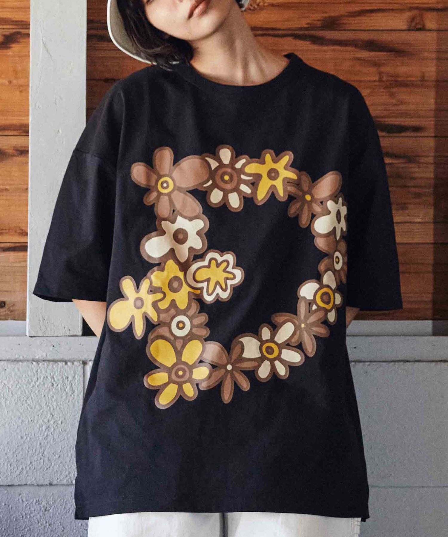 DEAR LAUREL ディアローレル メンズ 半袖 Tシャツ "Flower D" 花柄 プリント 吸水速乾 D24S2108(BLK-M)