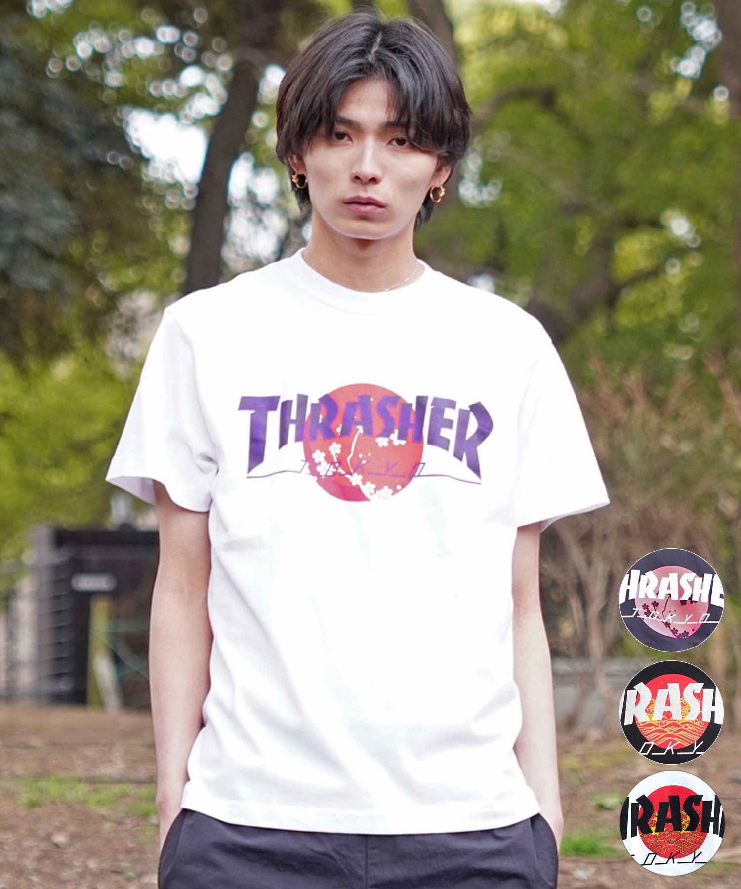 THRASHER スラッシャー TOKYOロゴ 和柄 青海波 さくら アレンジ TH91426-TOKYO メンズ 半袖 Tシャツ ムラサキスポーツ限定(WT/BK-M)