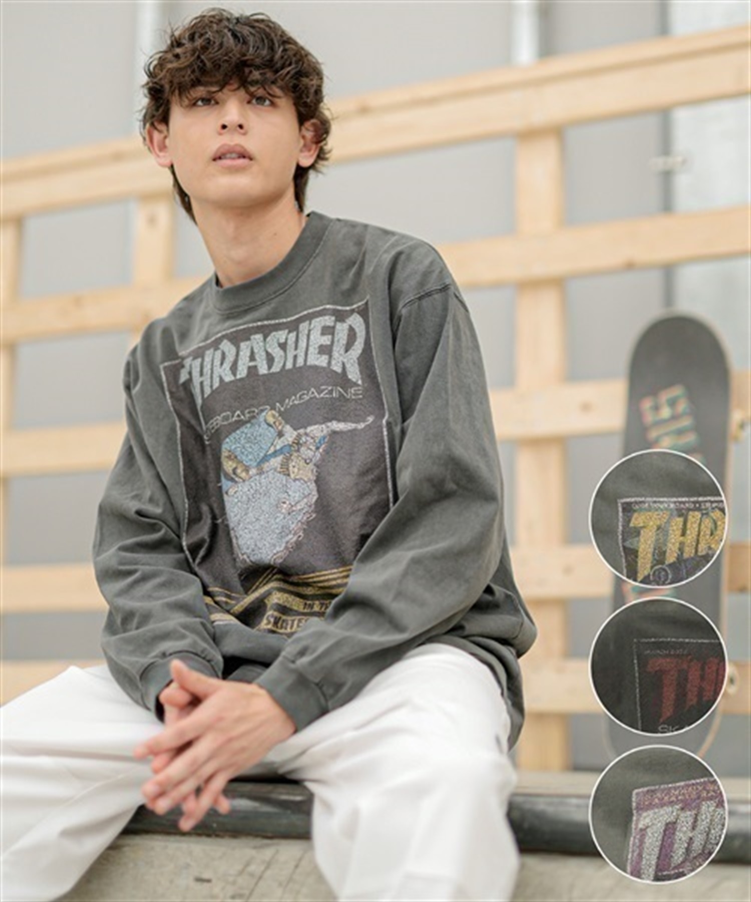 THRASHER/スラッシャー ロンT/長袖 フロントカスレプリント ビックシルエット ヴィンテージライク ピグメント染LSTシャツ 23MS-PLS2 ムラサキスポーツ別注(AUG88-M)