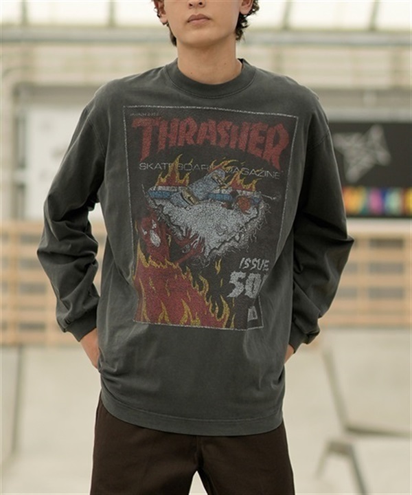 【マトメガイ対象】THRASHER/スラッシャー ロンT/長袖 フロントカスレプリント ビックシルエット ヴィンテージライク ピグメント染LSTシャツ 23MS-PLS2 ムラサキスポーツ別注