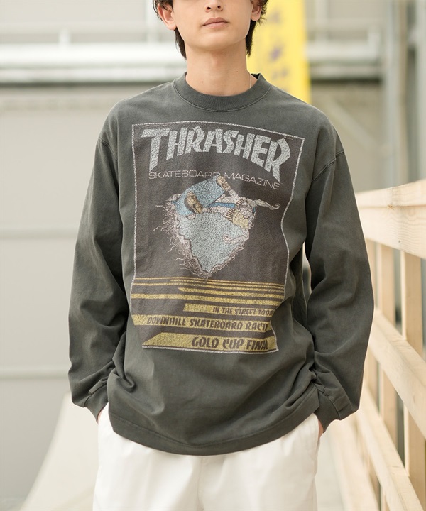 THRASHER/スラッシャー ロンT/長袖 フロントカスレプリント ビックシルエット ヴィンテージライク ピグメント染LSTシャツ 23MS-PLS2 ムラサキスポーツ別注