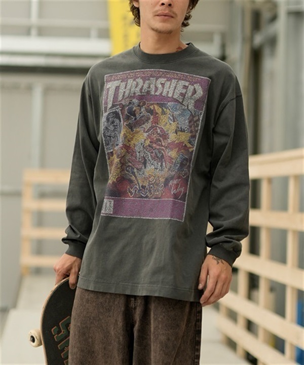 【マトメガイ対象】THRASHER/スラッシャー ロンT/長袖 フロントカスレプリント ビックシルエット ヴィンテージライク ピグメント染LSTシャツ 23MS-PLS2 ムラサキスポーツ別注