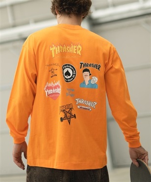 【マトメガイ対象】THRASHER/スラッシャー LSTシャツ ランダムロゴバックプリント ビックシルエット フロント刺しゅうロゴ 23MS-LS1 ムラサキスポーツ別注