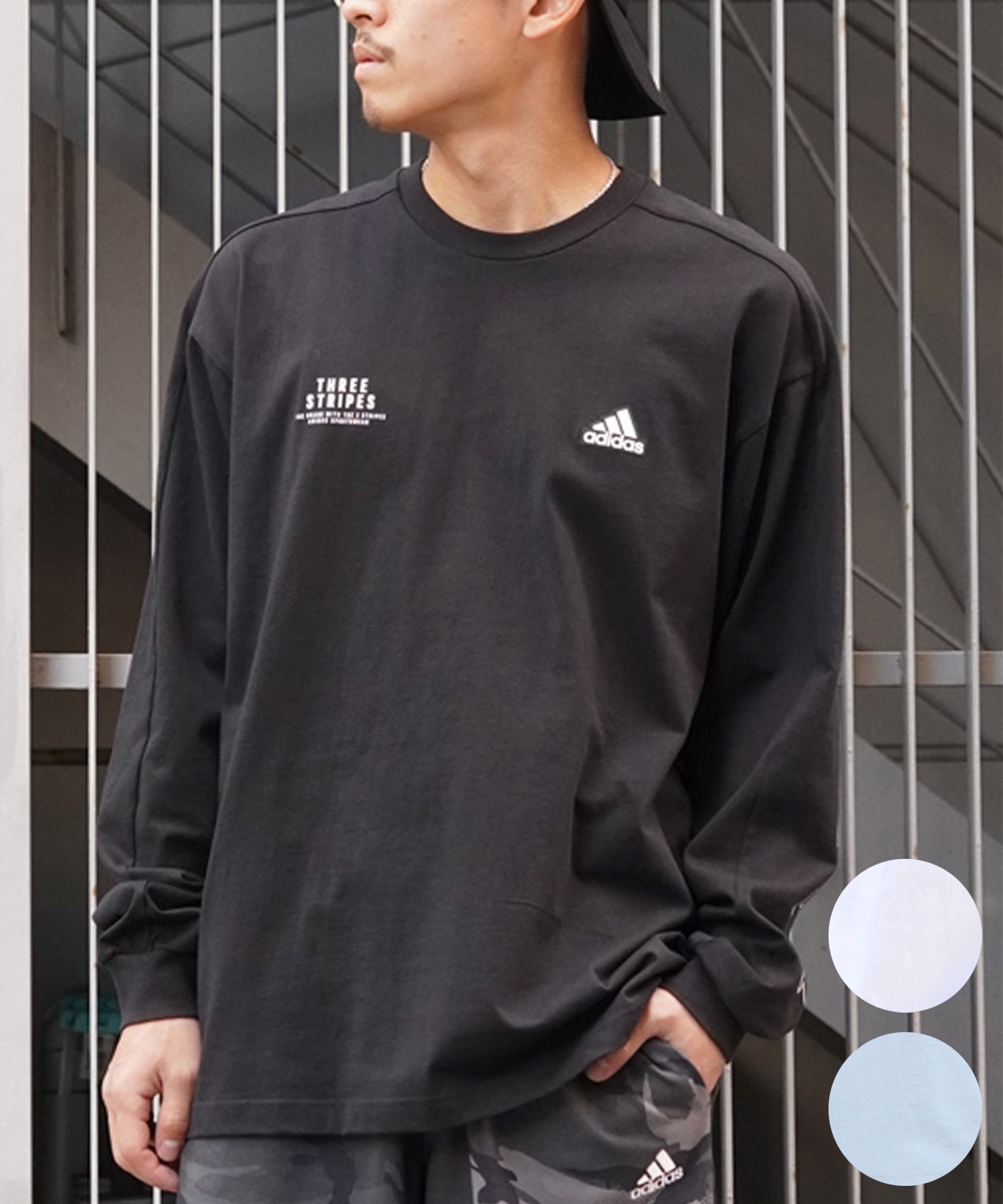 adidas アディダス メンズ レディース 長袖 Tシャツ ロンＴ スリーブプリント クルーネック オーバーサイズ JSY26(BK/WT-M)