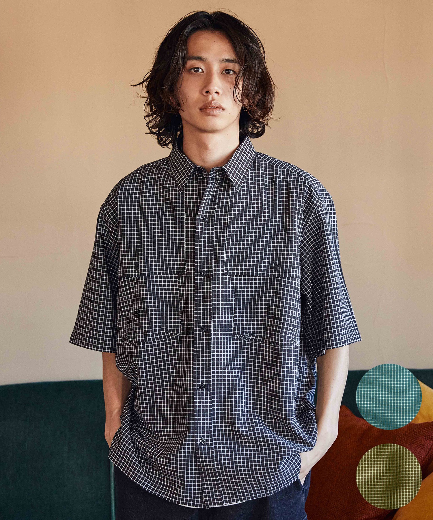 【マトメガイ対象】DEAR LAUREL ディアローレル メンズ ユーティリティーフラップシャツ 半袖 格子柄 Utility flap shirts D24S2401(EME-M)