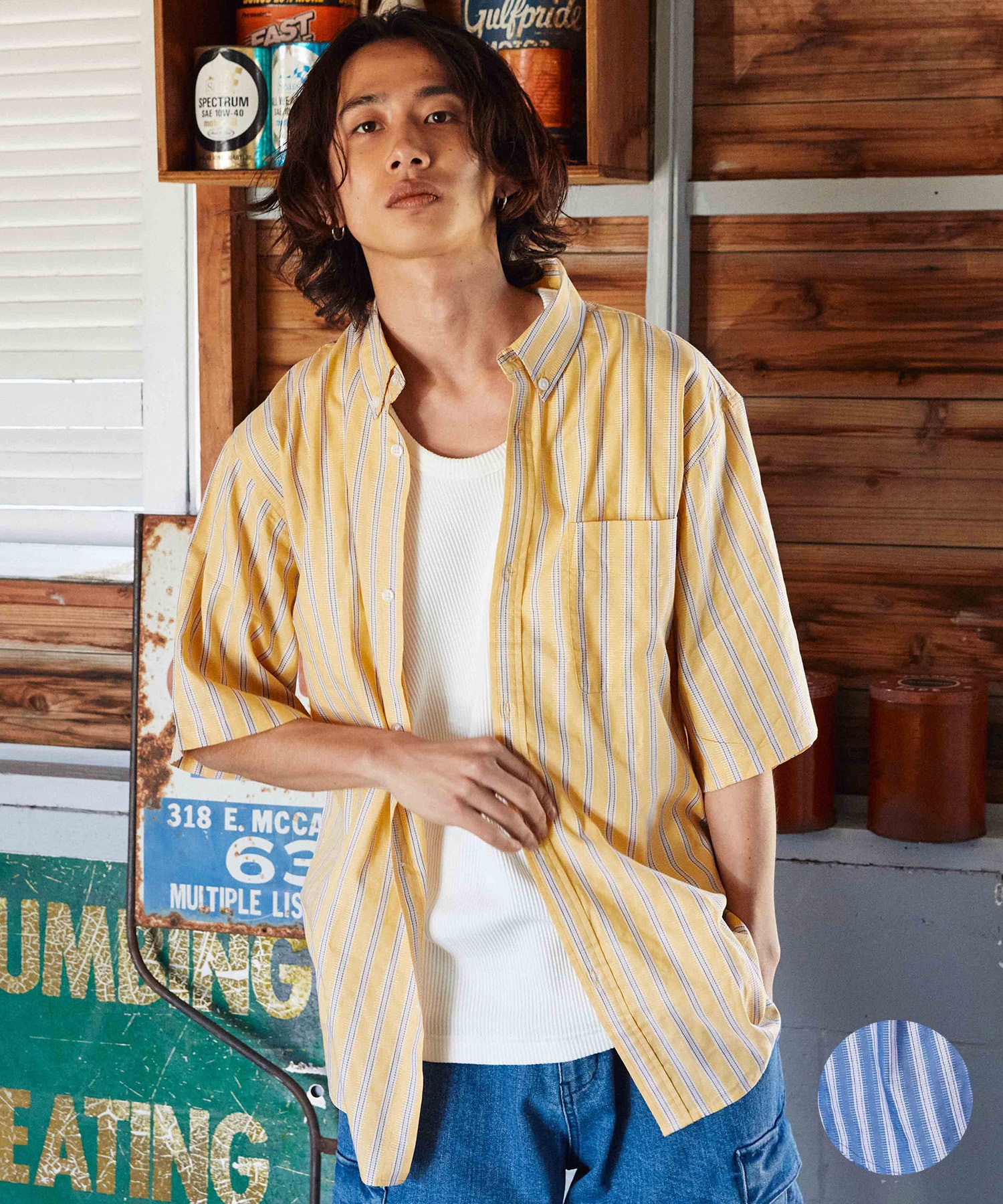 【マトメガイ対象】DEAR LAUREL ディアローレル メンズ ボタンダウンシャツ 半袖 ストライプ柄 Buttondown Shirts D24S2402(YEL-M)