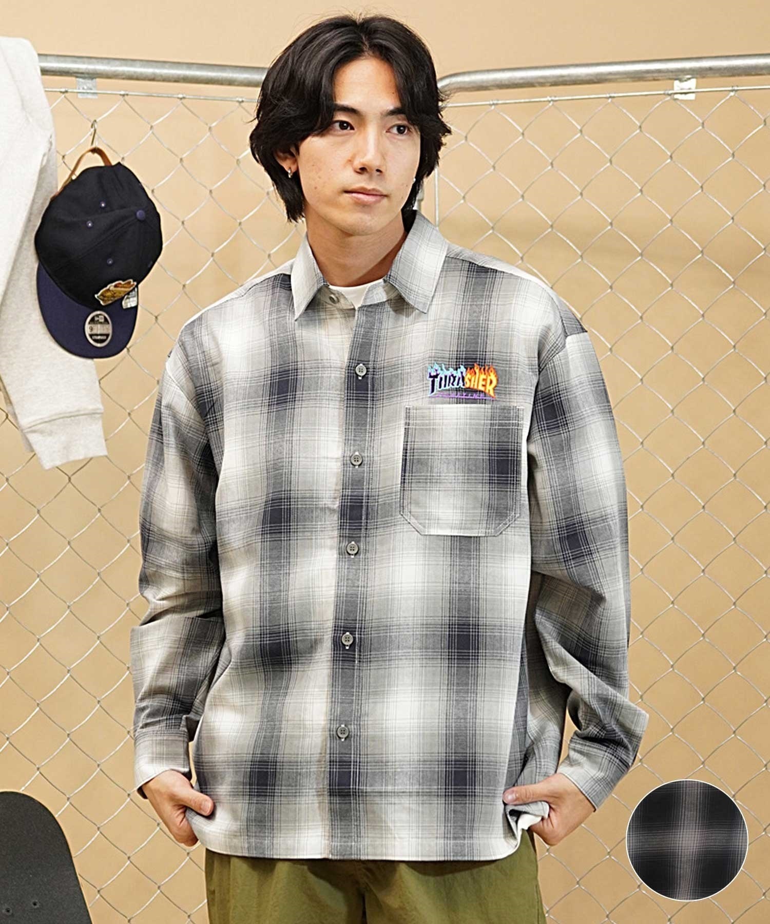 【ムラサキスポーツ別注】THRASHER/スラッシャー オンブレチェック 長袖シャツ ビッグシルエット 裾スクエア THM-24ASLSS01(BLK-M)