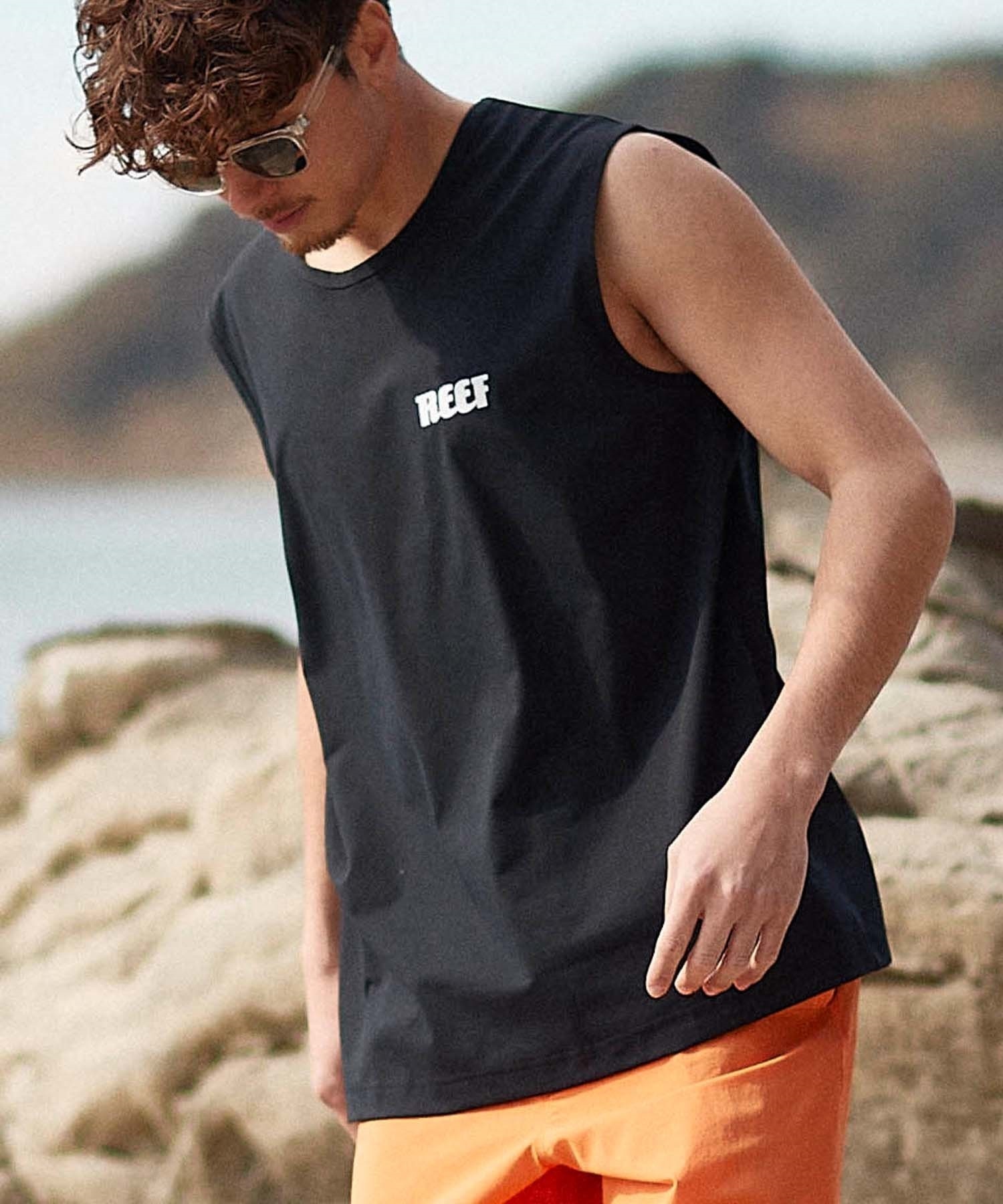 REEF リーフ メンズ タンクトップ ラッシュガード 水陸両用 ユーティリティ UVケア ワンポイント RFTEM2322(BLK-M)