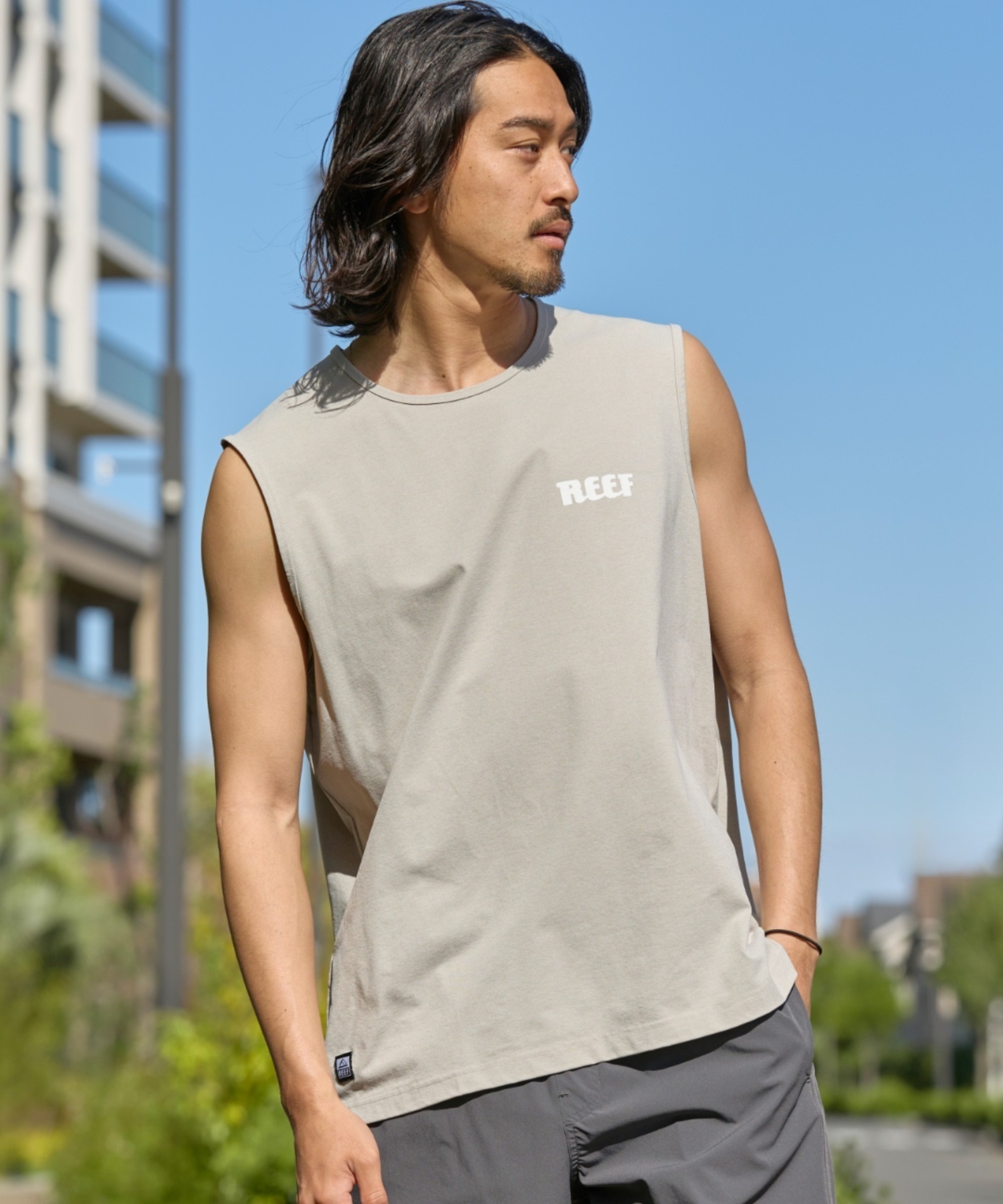 REEF リーフ メンズ タンクトップ ラッシュガード 水陸両用 ユーティリティ UVケア ワンポイント RFTEM2322(BEG-M)