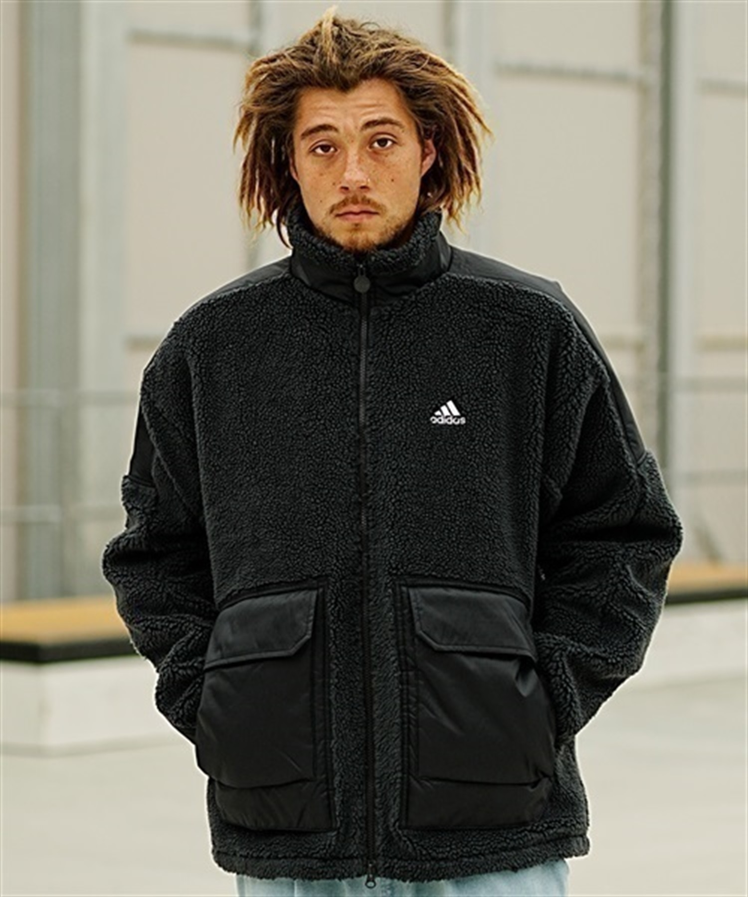 adidas/アディダス M WORD ボアジャケット ビックシルエット オーバーサイズ フリース メンズ レディース ユニセックス IEI00(BK/GY-S)