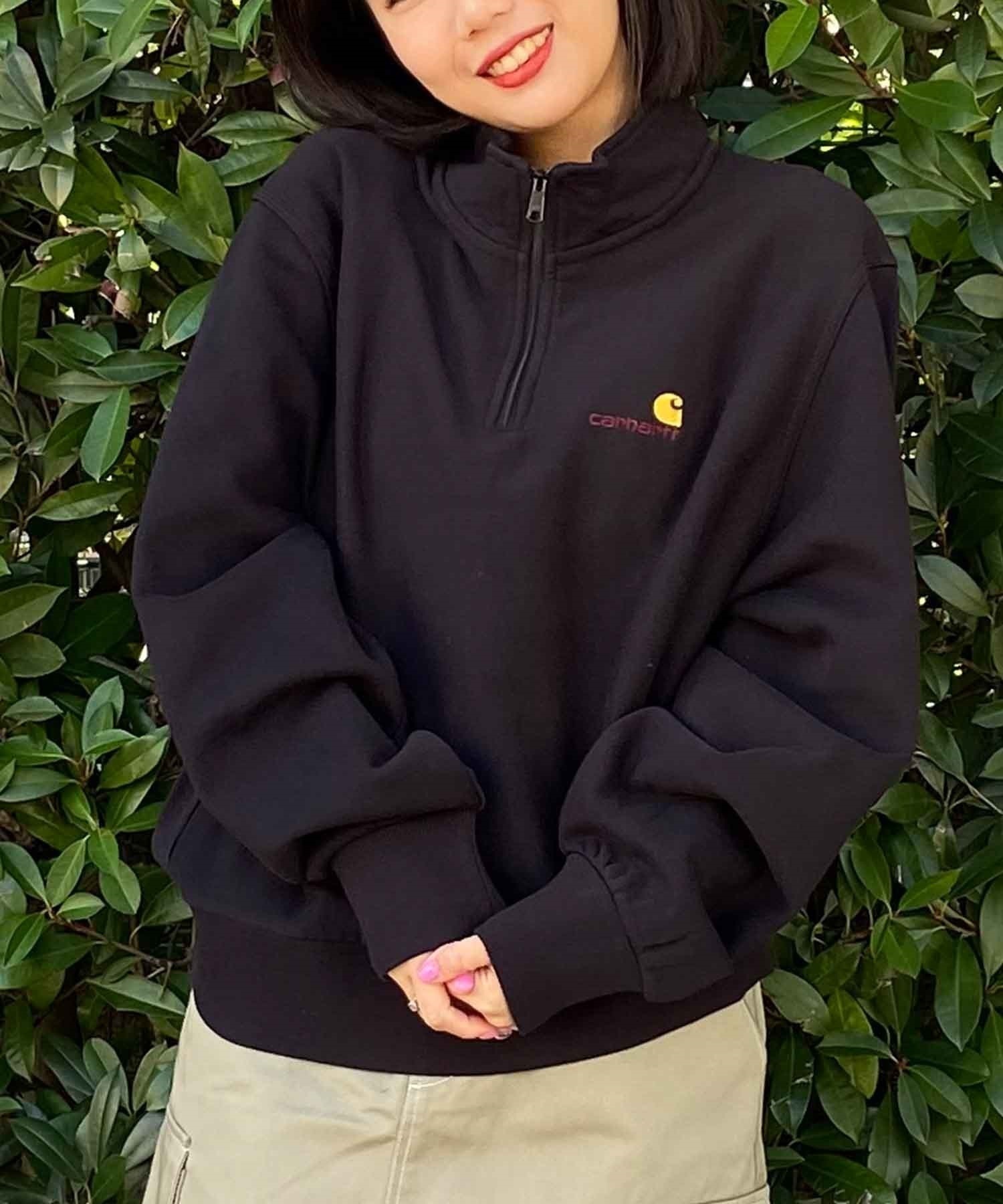 Carhartt/カーハート HALF ZIP AMERICAN SCRIPT SWEAT レディース スウェット ハーフジップ I032329(BLACK-XS)