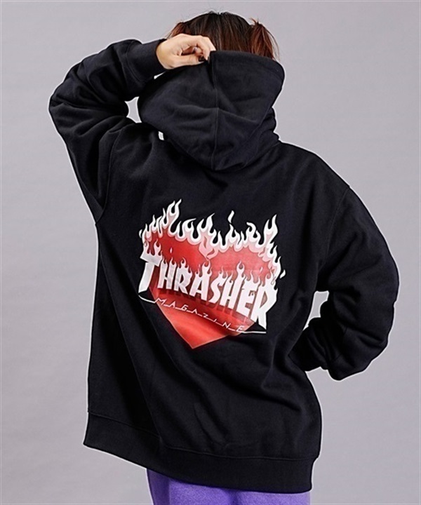 THRASHER/スラッシャー パーカー ジップアップ バックプリントハート柄 フレイムロゴ ビッグシルエット ムラサキスポーツ限定 THMUL-23F0002