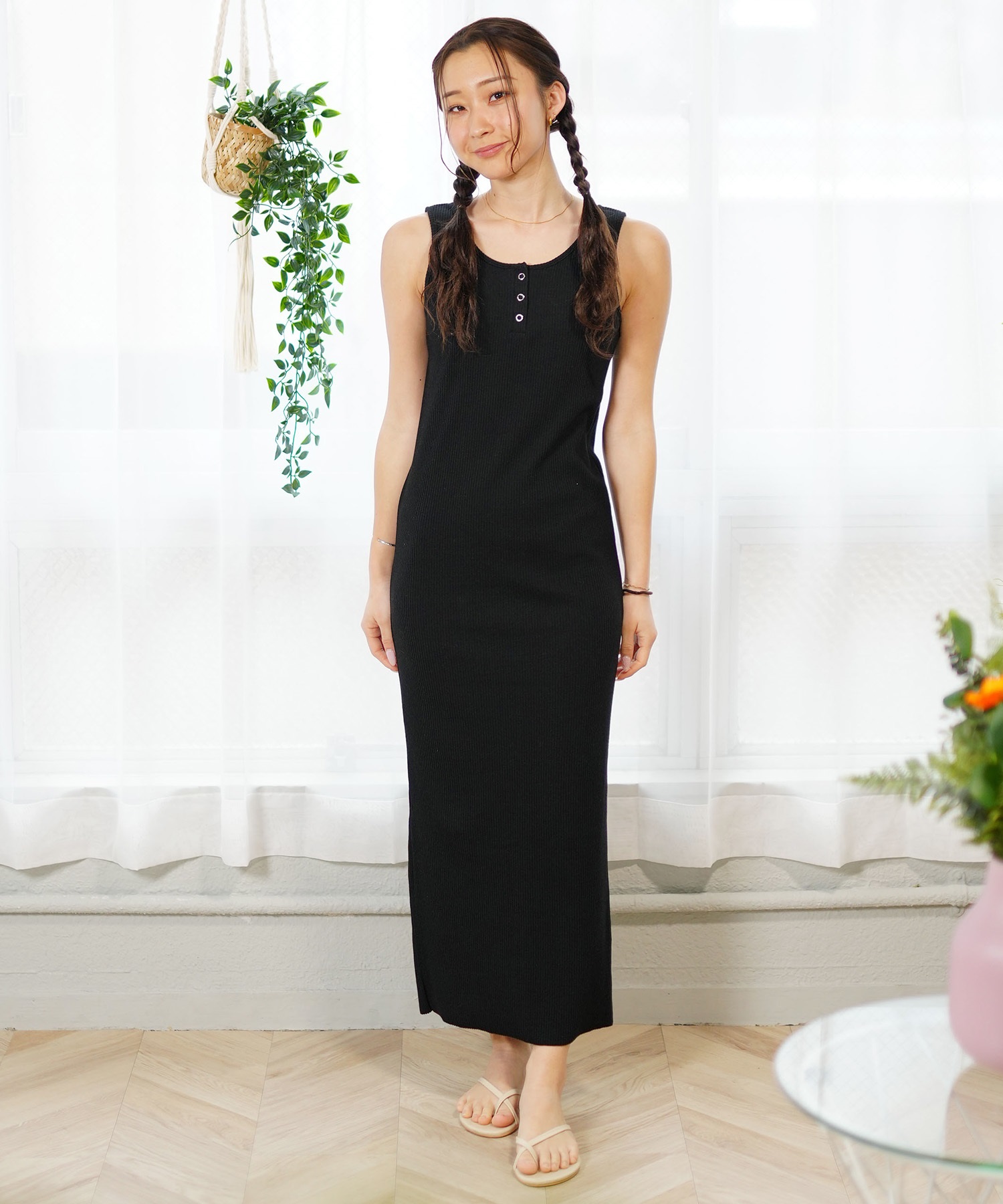 【マトメガイ対象】RIKKA FEMME リッカファム レディース リブ ロングワンピース マキシ丈 ストレッチ 無地 シンプル RF24SS12(BLK-FREE)