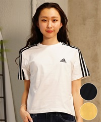 adidas アディダス レディース 半袖 スリーストライプスTシャツ ショート丈 ロゴ ENK78(YE/WT-M)