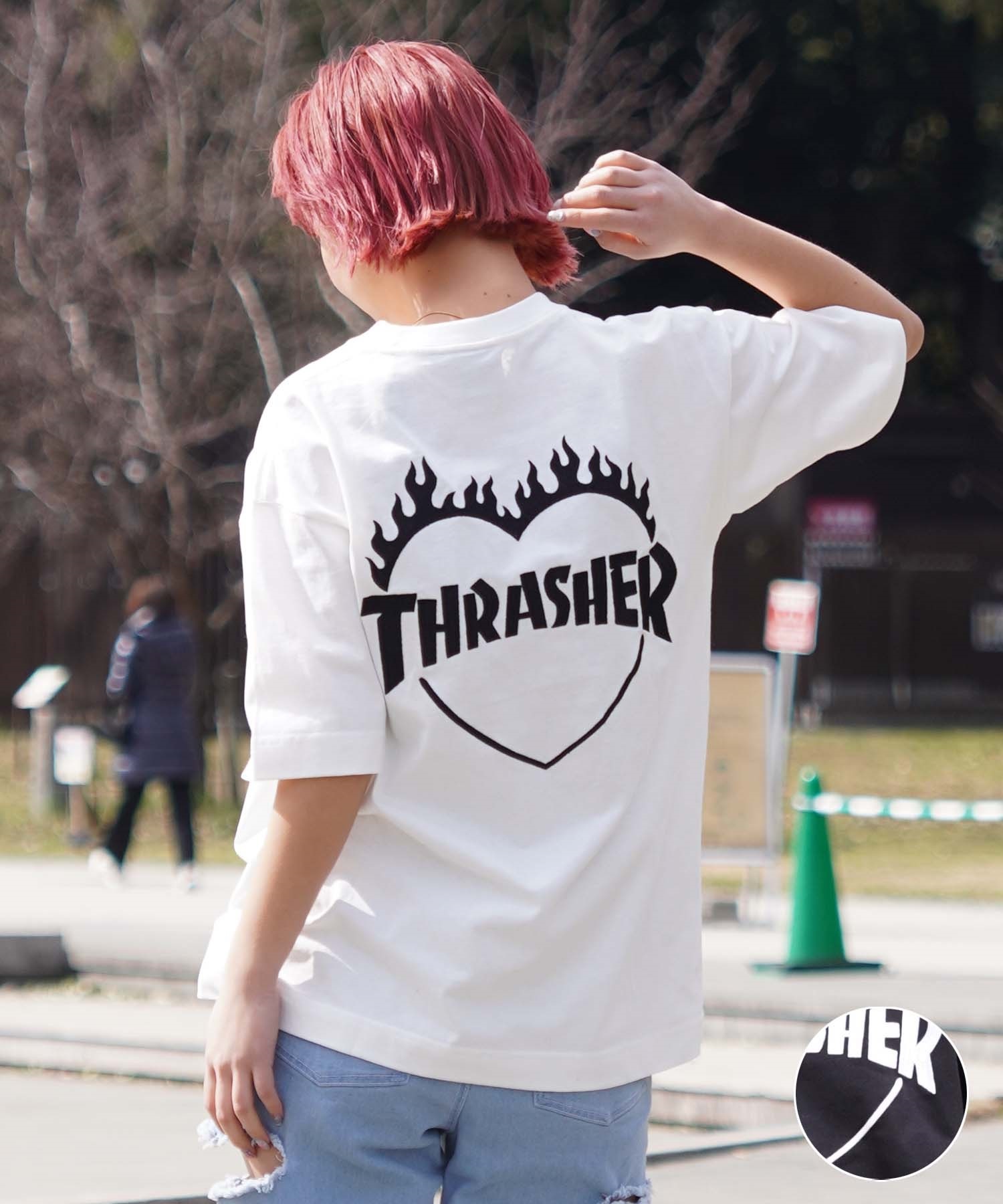 【ムラサキスポーツ限定】THRASHER スラッシャー レディース Tシャツ バーニングハートロゴ ボックスシルエット THML-24SPZOZO01(WHT-M)