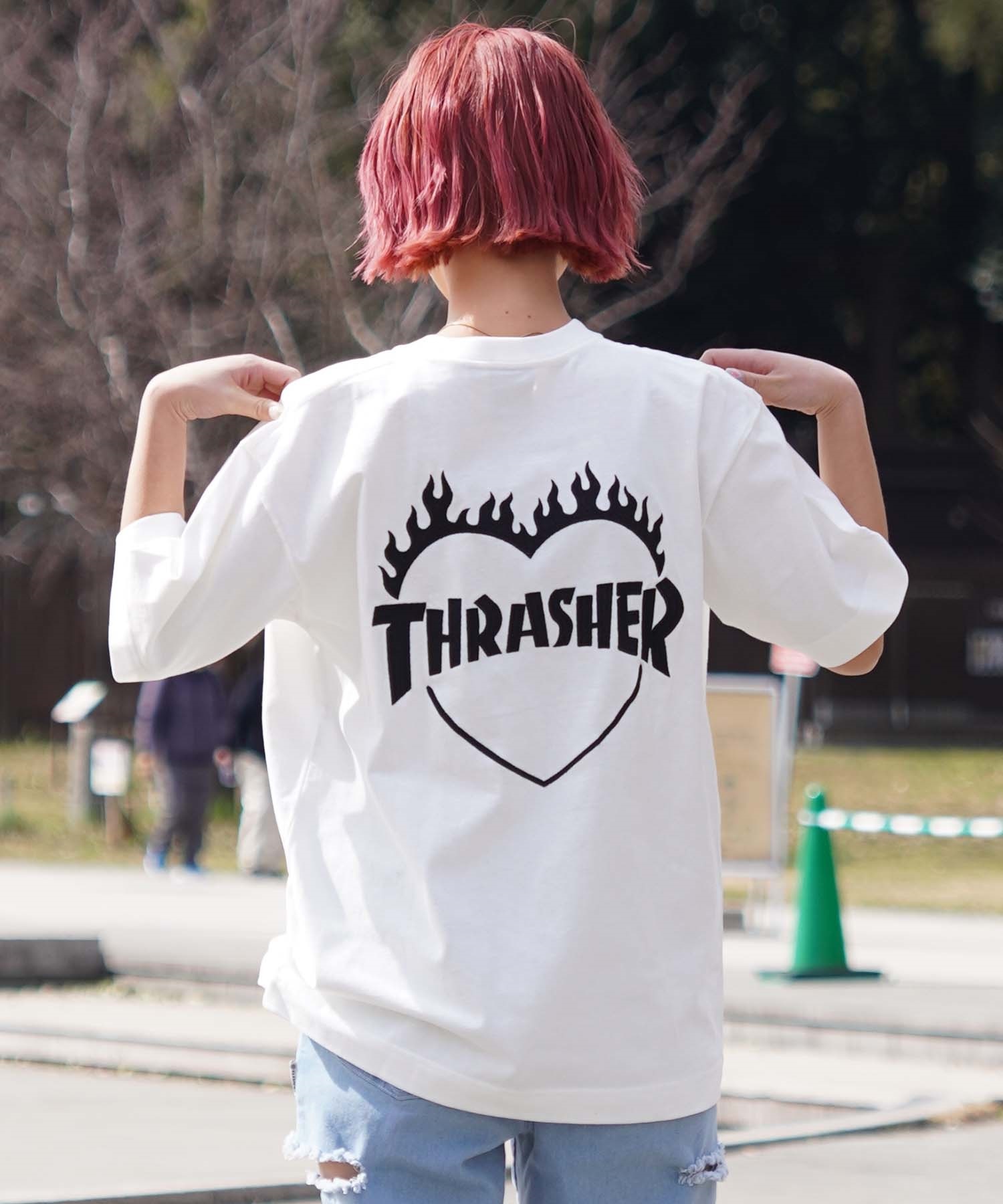 【ムラサキスポーツ限定】THRASHER スラッシャー レディース Tシャツ バーニングハートロゴ ボックスシルエット THML-24SPZOZO01(WHT-M)